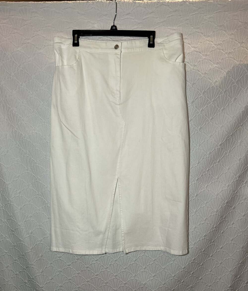 Skies Are Blue Curvy Midi Denim Skirt Size 1X White Front Slit